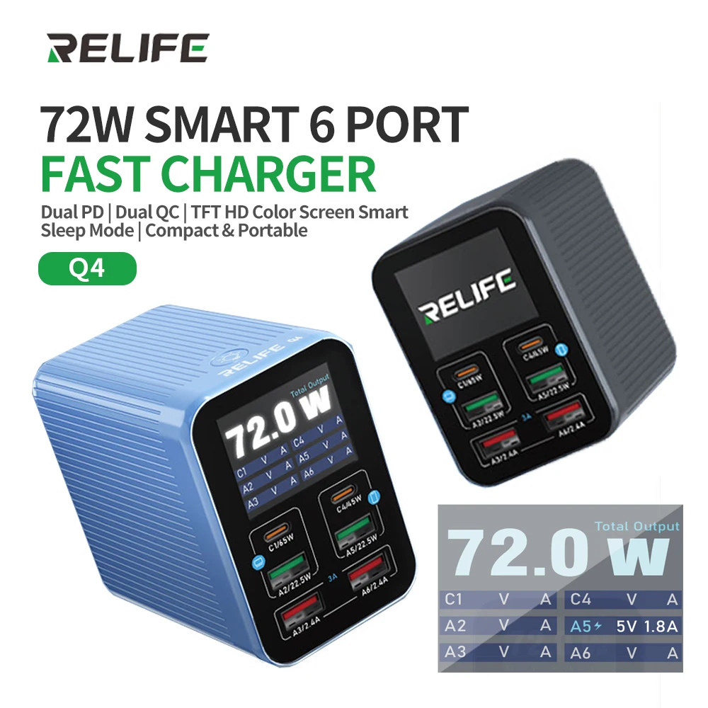 RELIFE Q4 72W cargador rápido inteligente de 6 puertos interfaz USB/TIPO PD QC para teléfonos móviles tabletas auriculares reparación herramientas de carga rápida