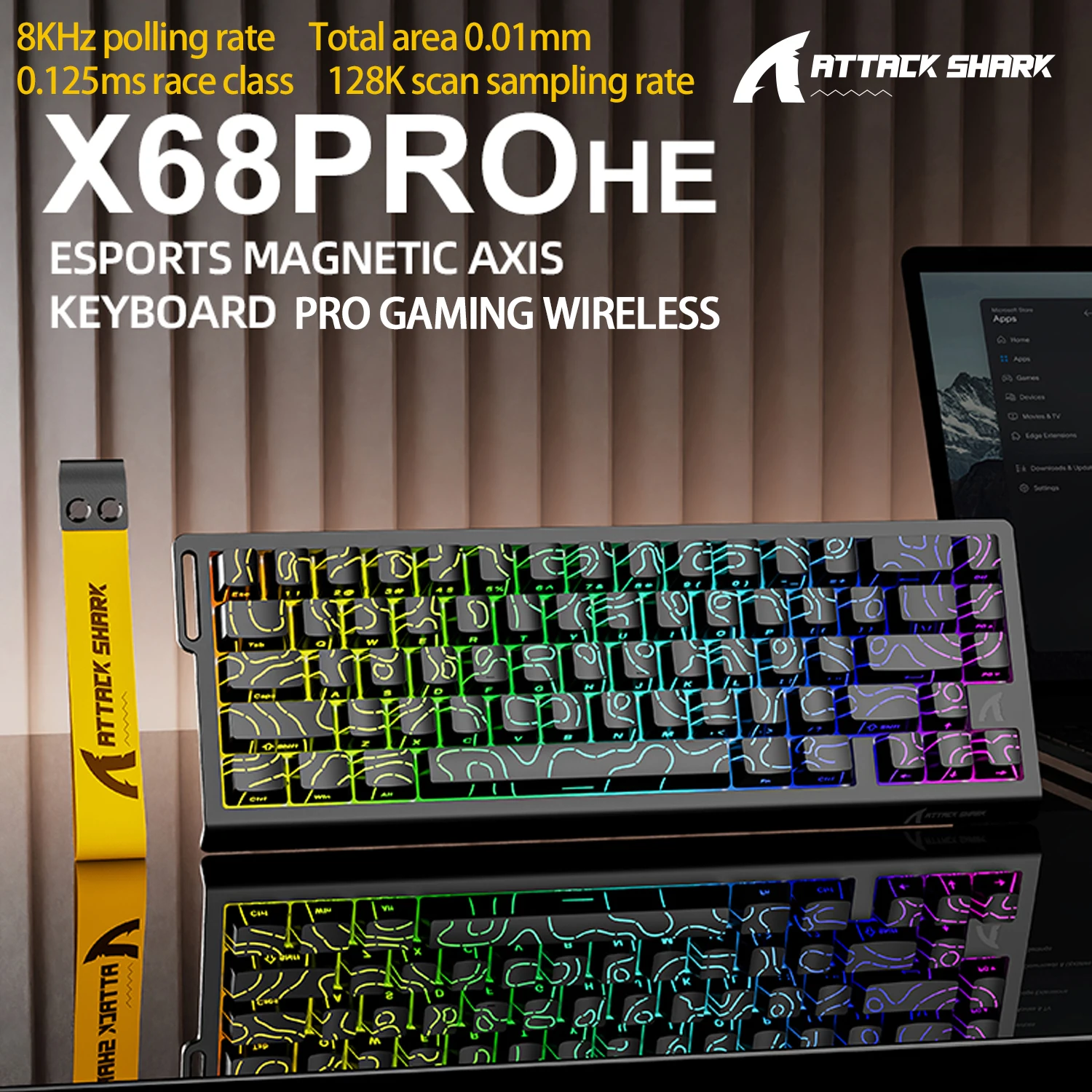 ATTACK SHARK X68 PRO HE Teclado con interruptor magnético inalámbrico para juegos profesionales, disparo rápido de 0,01 mm con cable SOCD de 8000 Hz, frecuencia de 0,125 ms y 128 K