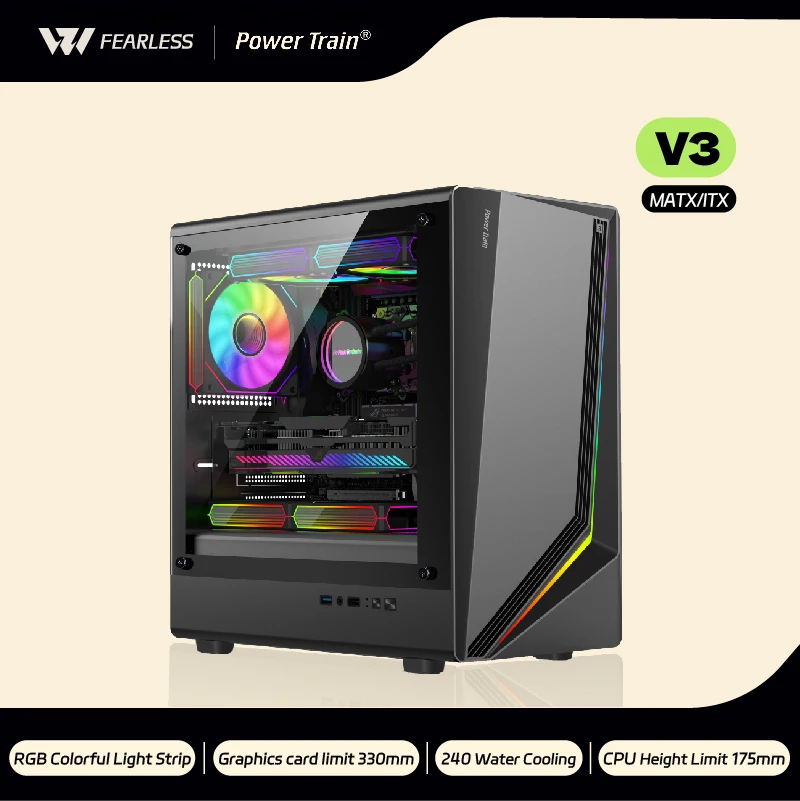 Power Train Zhijie V3 M-ATX RGB tira de luz colorida ITX PC gaming case lado transparente 240 refrigeración por agua caja de computadora de escritorio