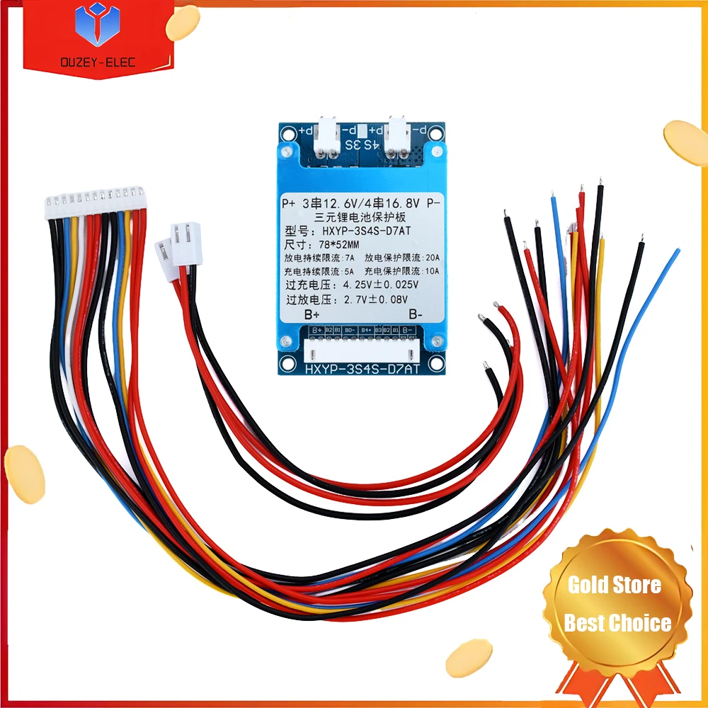 Placa de protección de carga de batería de litio ternaria 3S 4S 7A, módulo de carga de potencia de arranque con protección de temperatura BMS