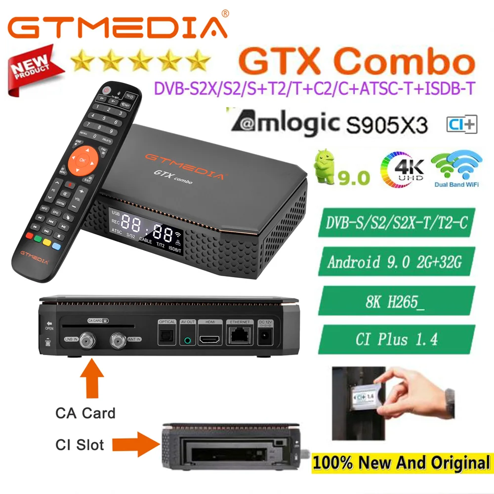 [Genuino] El mejor receptor de satélite GTX COMBO 4K 8K UHD Android, DVB-S2/T2/C 2G+32G, compatible con CA y CI Plus 1,4,CI+, soporte SATA-HDD - imagen 2