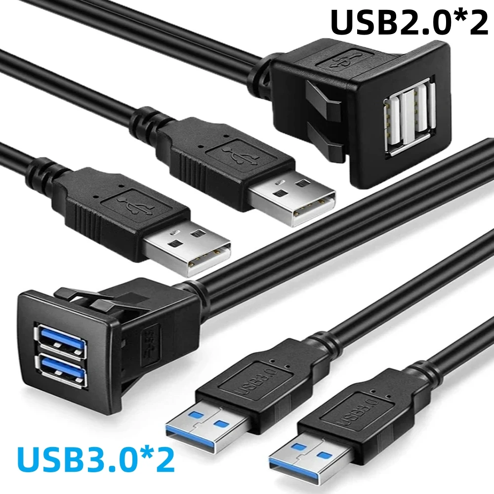 Cable de extensión macho-hembra USB 2,0 3,0 cuadrado de 2 puertos para salpicadero de camión de coche montaje empotrado Cable de transferencia de datos de alta velocidad 1M