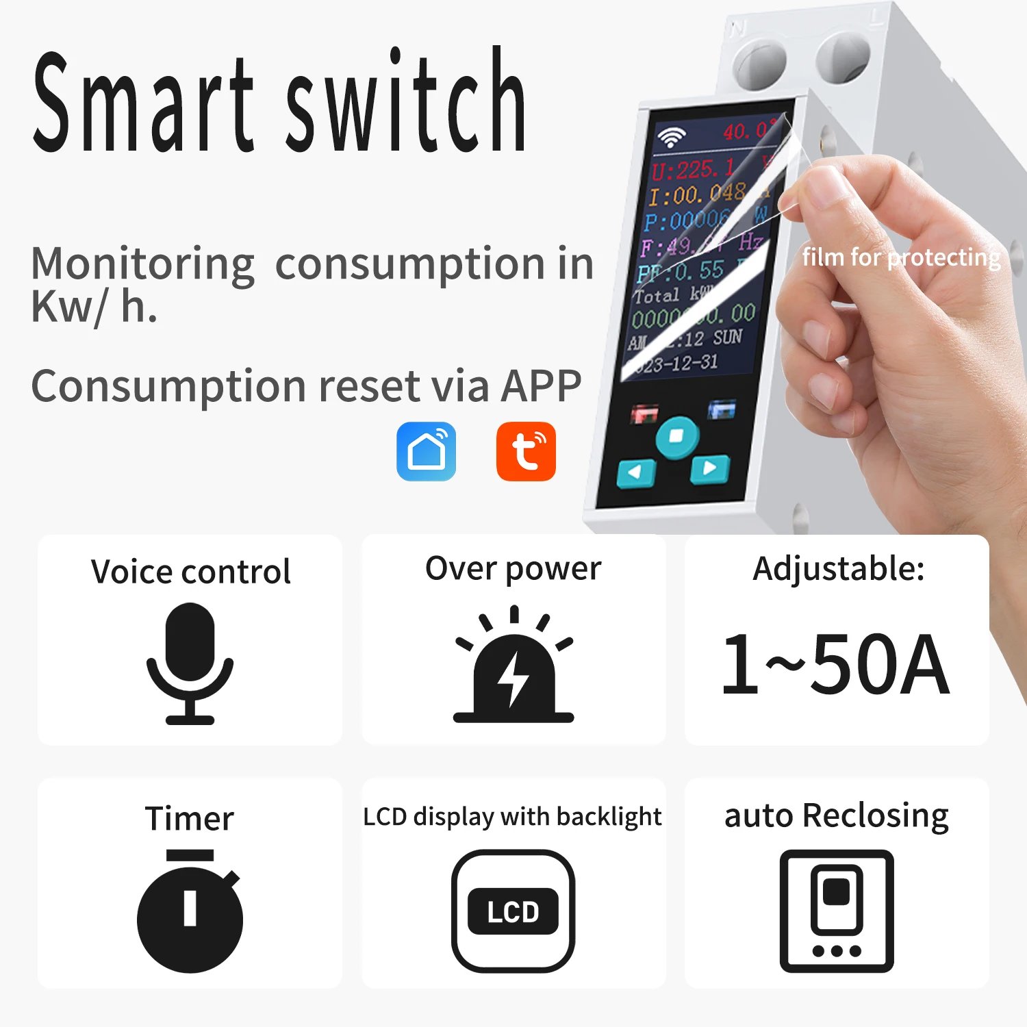 Disyuntor inteligente Tuya con WIFI, medidor de energía LCD, KWh, temporizador de medición de potencia, relé, Control remoto, aplicación Smart Life, 1P, 50A - imagen 2