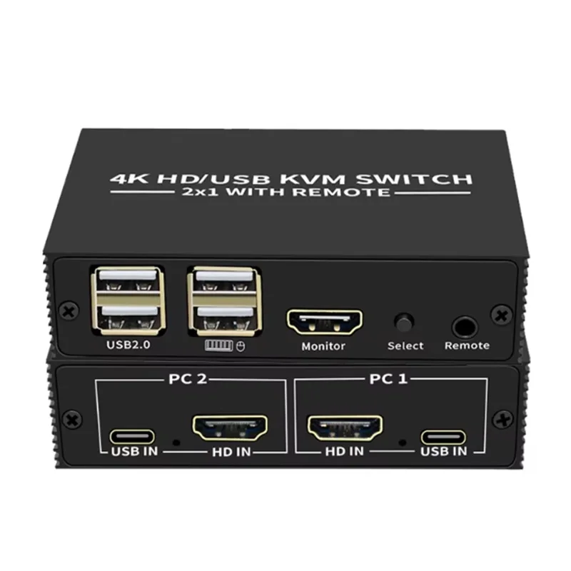 Conmutador HDMI KVM 2x1 4K, Selector de interruptor USB HDMI 2 en 1 salida con concentrador USB de 4 puertos, controlador de escritorio, Monitor para compartir, teclado y ratón