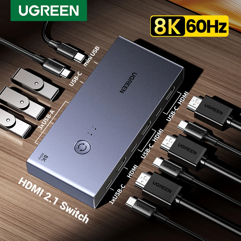 Conmutador KVM HDMI 8K UGREEN – USB-C, Compartidor Monitor Teclado Ratón