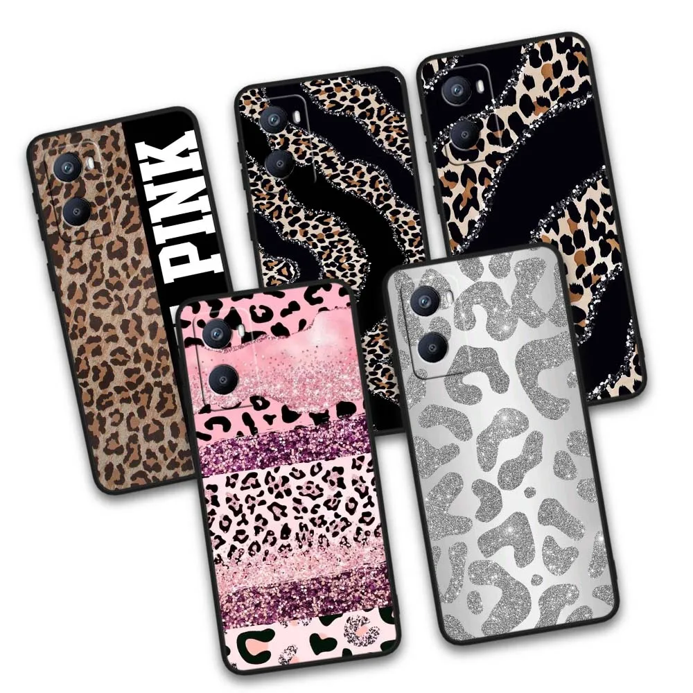 Patrón de estampado de leopardo para OPPO Reno 12 11 F 10 8 7 6 5 4 Z T Lite Plus Pro 4G 5G funda de teléfono negra