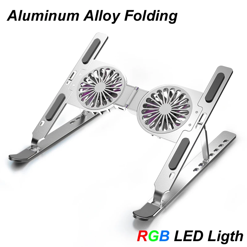 Luz LED RGB de aleación de aluminio de Metal, 2 ventiladores de refrigeración, soporte para portátil, soporte de escritorio para Macbook Air Pro Xiao Sams - imagen 2
