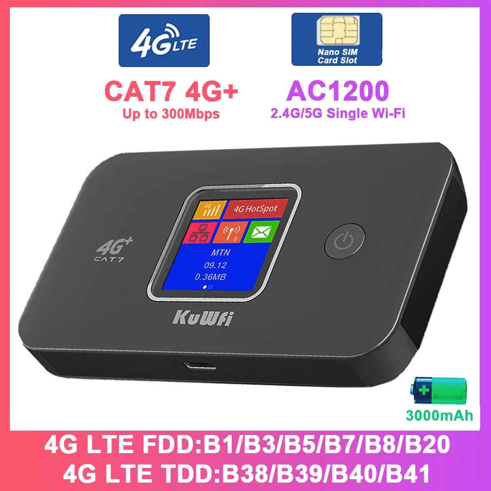 Enrutador KuWFi CAT7 4G LTE 1200Mbps 2,4G/5G velocidad WiFi única bolsillo portátil 4G + módem móvil 3000mAh Plug & Play compatible con 10 usuarios