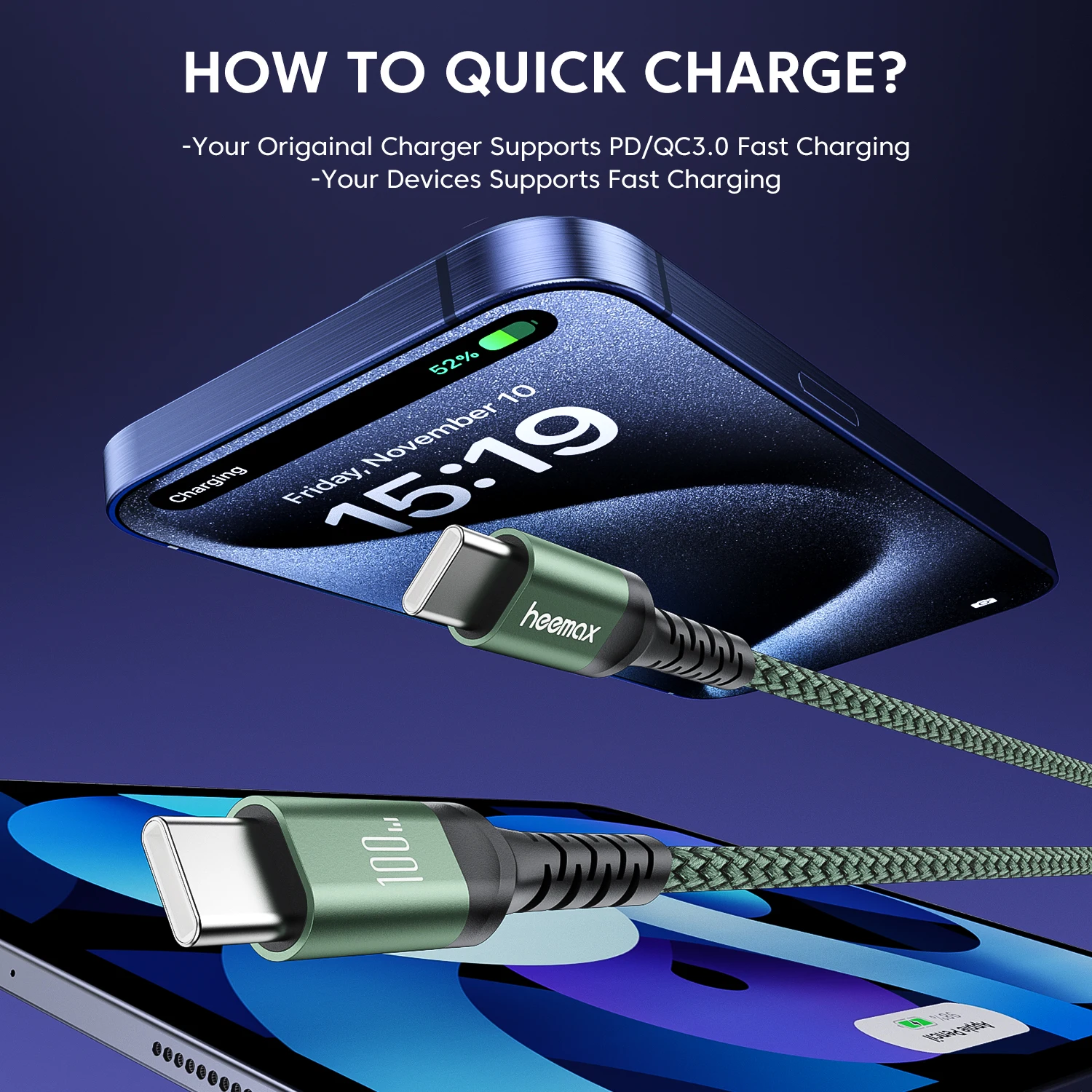 HEEMAX 100W Max USB C a tipo C Cable PD3.0 Cable de carga rápida para iPhone 15 16 Macbook Samsung Oneplus Xiaomi OPPO - imagen 3