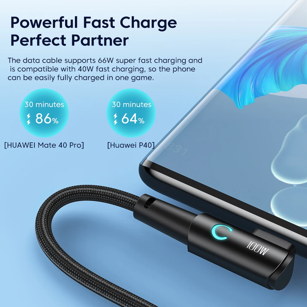 Toocki Cable USB C de 90 grados 6A Cable de carga rápida tipo codo C para Huawei P40 P30 Realme Samsung S20 Xiaomi Oneplus Cable de datos - imagen 3