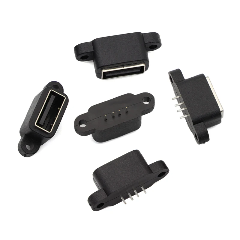 Conector hembra USB 2,0 negro de 4 pines con orificio para tornillo, puerto de interfaz USB A, enchufe hembra impermeable de 180 grados, 5 uds. - imagen 2