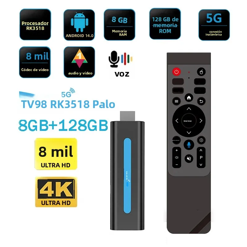 Android Stick Smart Android14 RK3518 compatible con reproductor multimedia HD 8K 4K 4G 5G Dual WiFi6 HDR10 8GB 128GB control remoto por voz iptv - imagen 2