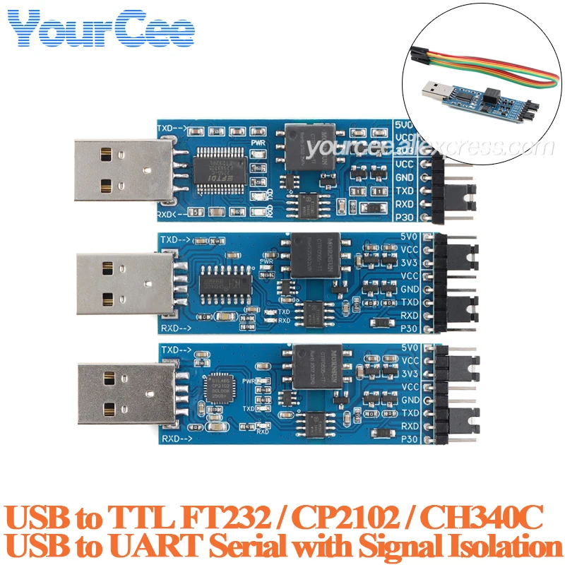 Módulo de conversión de placa de puerto serie CH340C CP2102 FT232 USB a TTL UART con aislamiento de señal nivel TTL de 5V/3,3 V con Cable