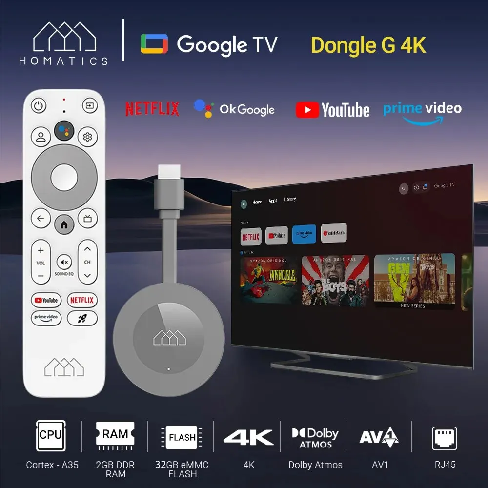 HOMATICS-Dongle de TV 4K con Netflix, 2 GB, 32 GB, Amlogic S905Y4, compatible con Dolby Atmos AV1, H.265, 2T2R, Wifi Box