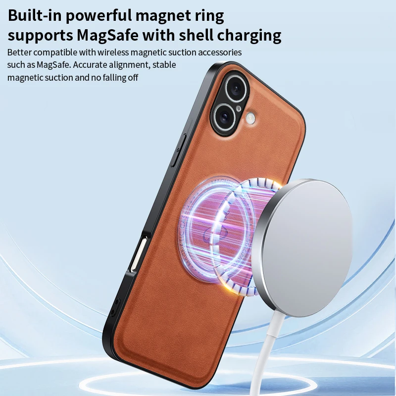 Funda magnética de cuero PU para iPhone 16 16e 15 14 13 12 Pro Max Plus, funda con imán mate suave para cámara completa Mag-safe - imagen 3