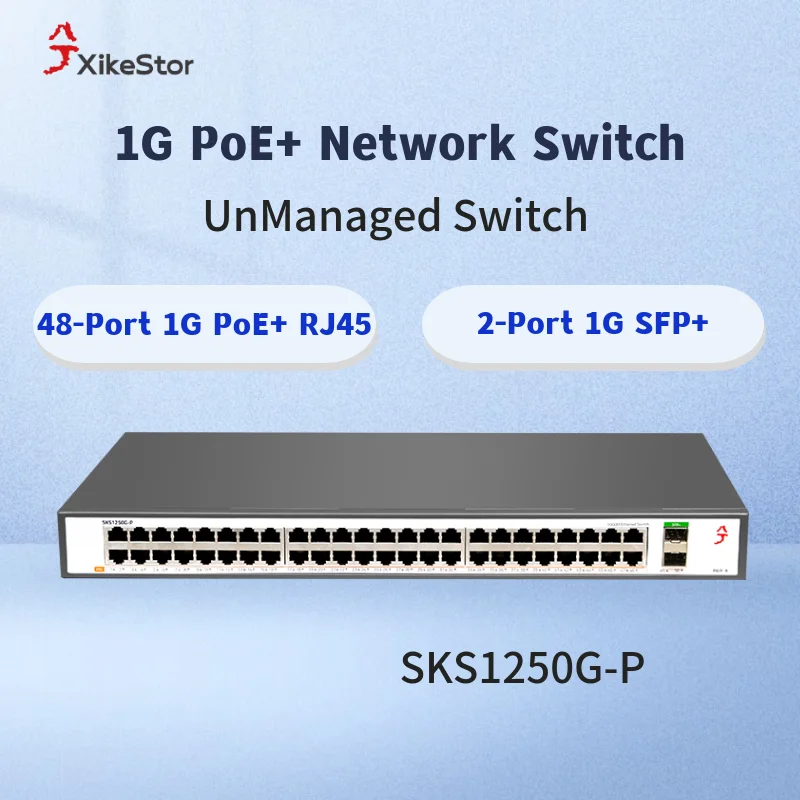 XikeStor Interruptor de alimentación POE no administrado 48*1G RJ45 2*1G SFP, montaje en bastidor, para empresa/SMB