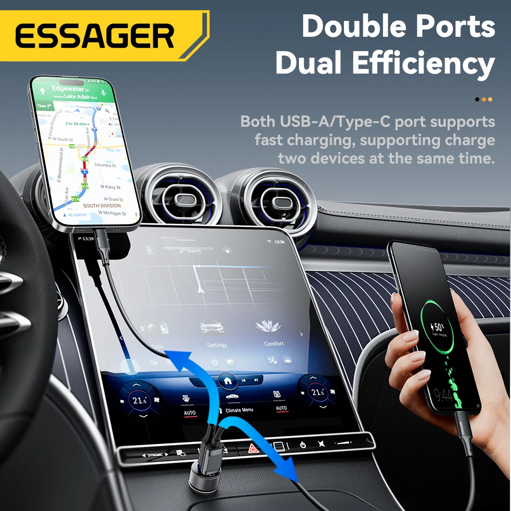 Essager USB C cargador de coche 45W 2 puertos PD3.0 QC3.0 pantalla Digital cargador de teléfono de coche para iPhone 16 15 Xiaomi Huawei Samsung OPPO - imagen 2