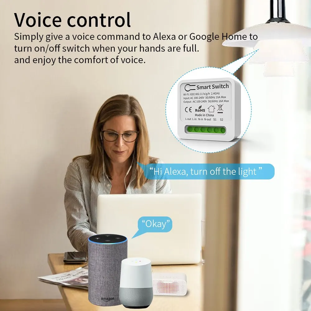 Interruptor inteligente con WiFi para el hogar, miniinterruptor inteligente con 2 vías, compatible con Alexa, Google Alice, Tuya, 16A - imagen 3