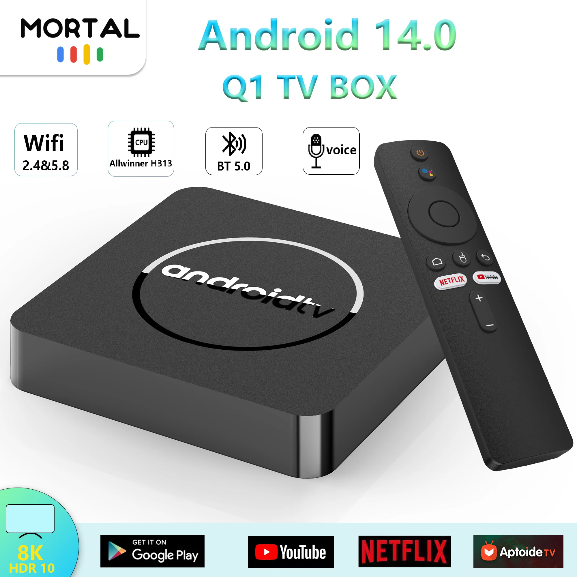 Caja de TV inteligente Mortal Q1 con sistema de cine en casa, Android 14, Allwinner H313, cuatro núcleos, 5G, Wi-Fi 2G, 16G, Bluetooth, compatible con 4K, H.265, Netflix y YouTube.