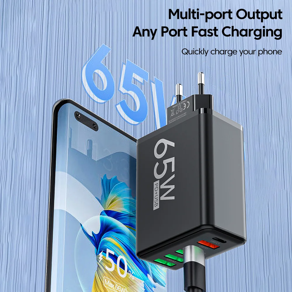 Cargador USB Total de 65W, 6 puertos tipo C, carga rápida QC3.0 para iPhone, Samsung, Xiaomi, enchufe de carga, adaptador de cargador de pared de carga rápida - imagen 2