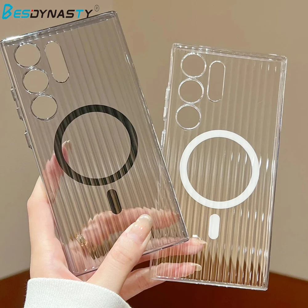Funda transparente HD dura de lujo para Magsafe, funda para Samsung Galaxy S24 S23 Ultra Plus con rayas de carga inalámbrica magnética, funda para PC