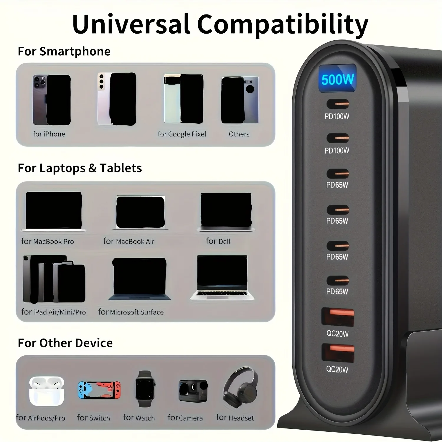 Estación de carga de escritorio de 8 puertos de 500W PD 100W y concentrador de carga rápida QC 20W para teléfonos móviles, iphone, para MacBook Indicador LED - imagen 2