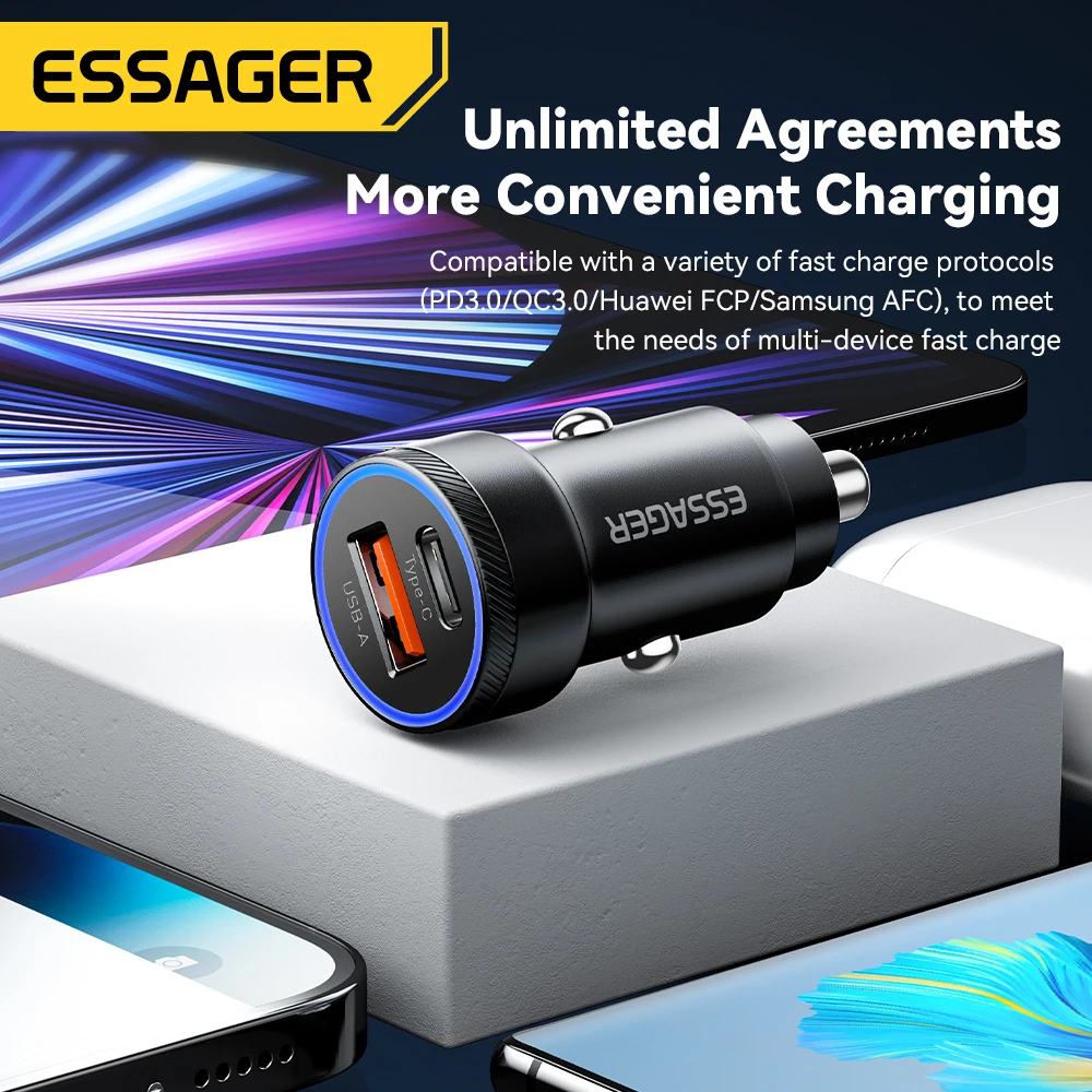 Essager 54W USB cargador de coche 5A carga rápida 3,0 QC SCP AFC 30W USB tipo C carga rápida para Xiaomi poco iPhone Huawei Samsung - imagen 3