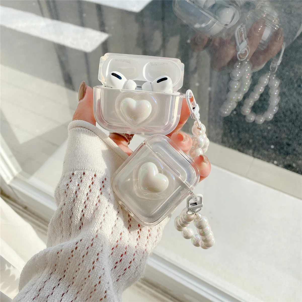 Funda Simple para auriculares con forma de corazón y perlas láser para AirPods 2 Pro, caja de carga para auriculares de tercera generación, funda protectora para llavero Air Pods - imagen 2