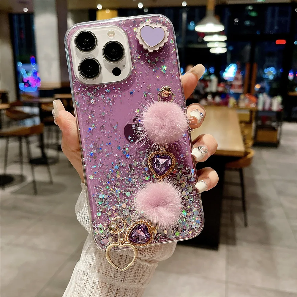 Funda de teléfono con pulsera de felpa de corazón de amor de lujo para Xiaomi Redmi Note 11, 11S, 10, 9 Pro, 10S, 9S, 10A, 10C, 11 Lite, 11T, POCO X3 - imagen 5