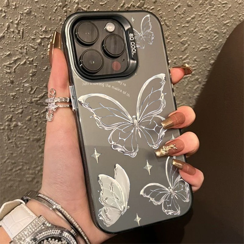 Funda de teléfono mate con mariposa dorada y plateada láser de lujo para iPhone 16 15 14 Pro Max 13 12 11 XS X XR 7 8 16 Plus SE 2020 2022 - imagen 2
