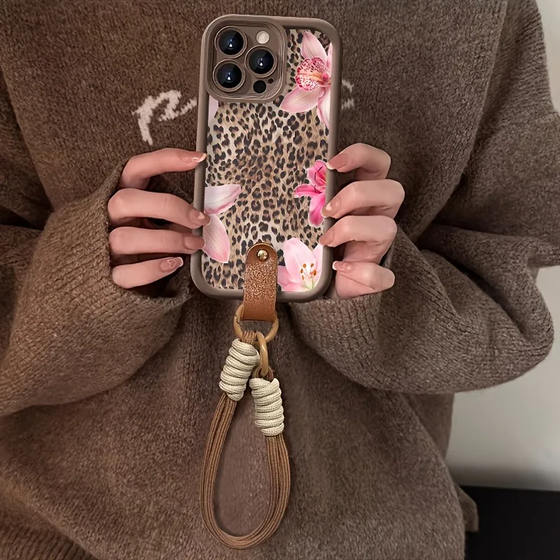 Funda de teléfono con correa de escritura Floral rosa con estampado de leopardo para iPhone 17 Pro Max 16 15 14 13 12 11 16E XS X XR 7 8 Plus cubierta a prueba de golpes - imagen 5