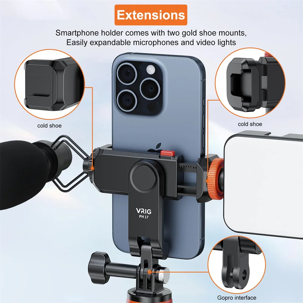 VRIG-abrazadera de soporte para teléfono con zapata fría doble, soporte con puerto Gopro para Iphone, Android, Smartphone, cámara, trípode, adaptador, luz de micrófono