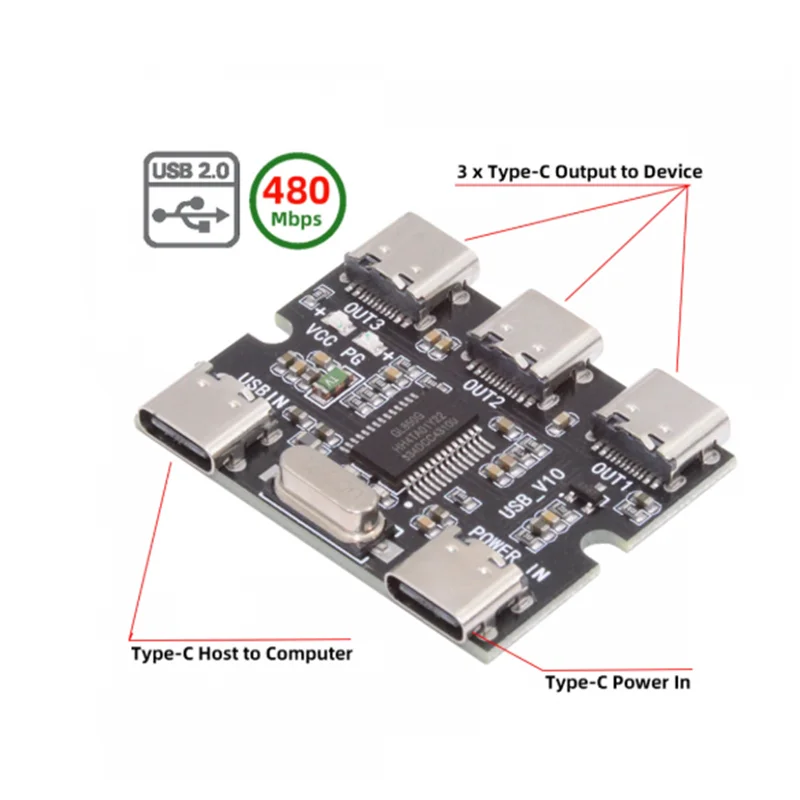 USB-C 2.0 1 a 3 HUB de tres puertos PCBA PC 3 dispositivos tipo C para teclado ratón escáner impresora - imagen 2