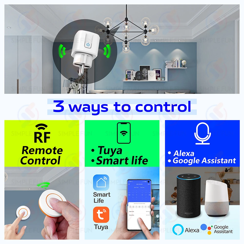 Tuya WiFi 433mhz enchufe inteligente 16A, enchufe UE FR con monitoreo de energía/memoria de estado de energía, salida inteligente funciona con Alexa Google Home - imagen 2