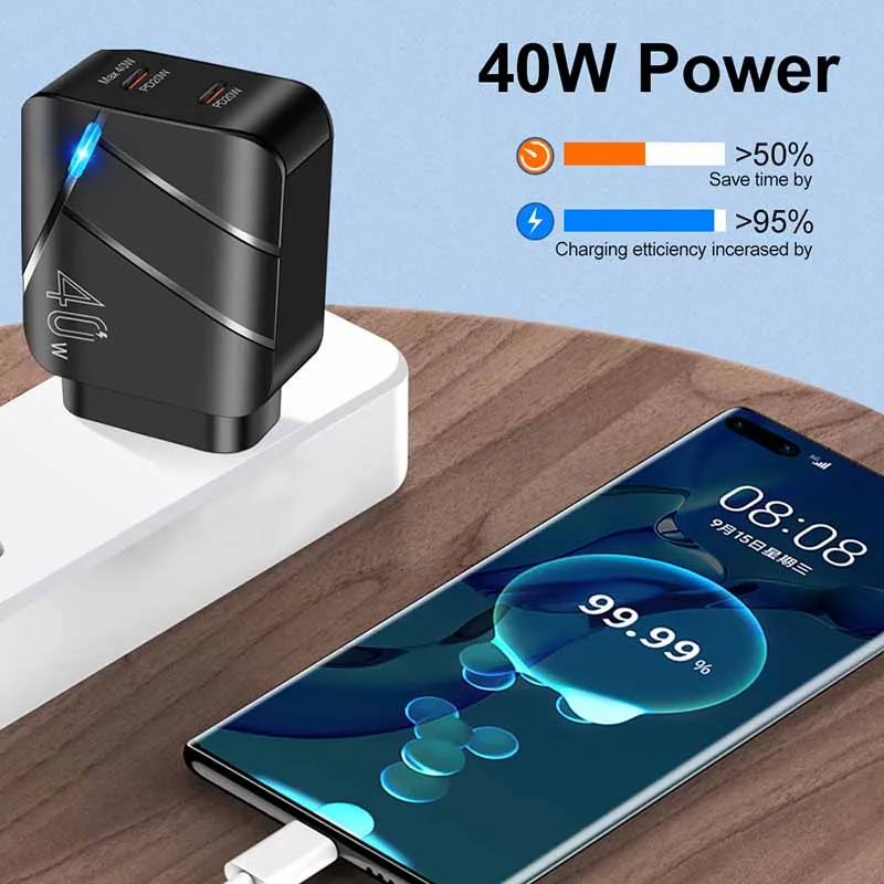 Cargador USB tipo C PD de 40W, adaptador de 2 puertos para iPhone 14, 13, 12, Xiaomi, Samsung, Huawei, QC 3,0, carga rápida - imagen 2
