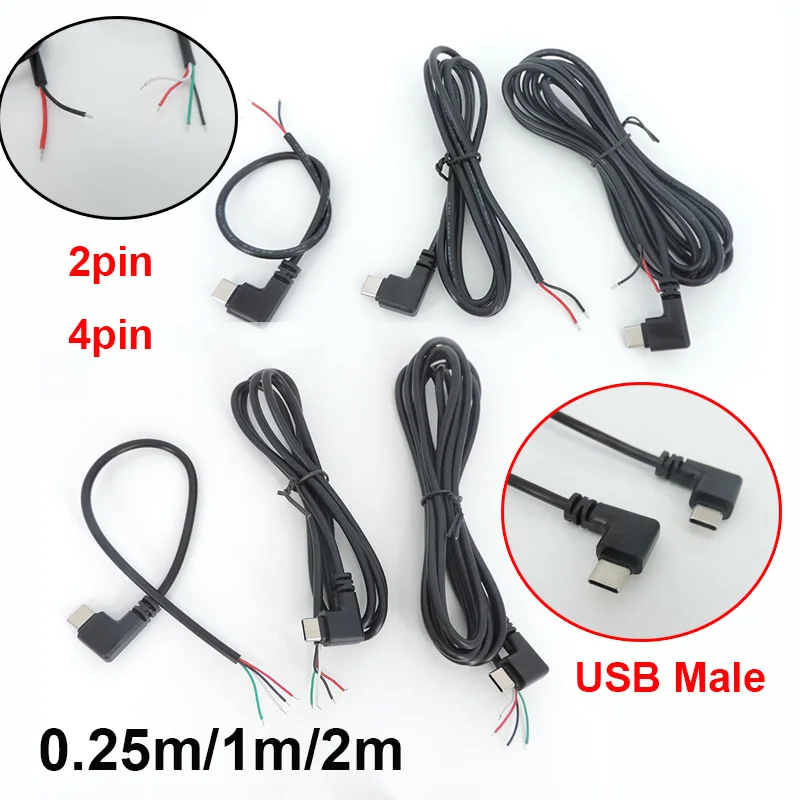 USB 2,0 tipo C 2 pines 4 pines USB macho Cable de cabeza de codo enchufe de ángulo recto DIY fuente de alimentación cable de extensión de carga de datos