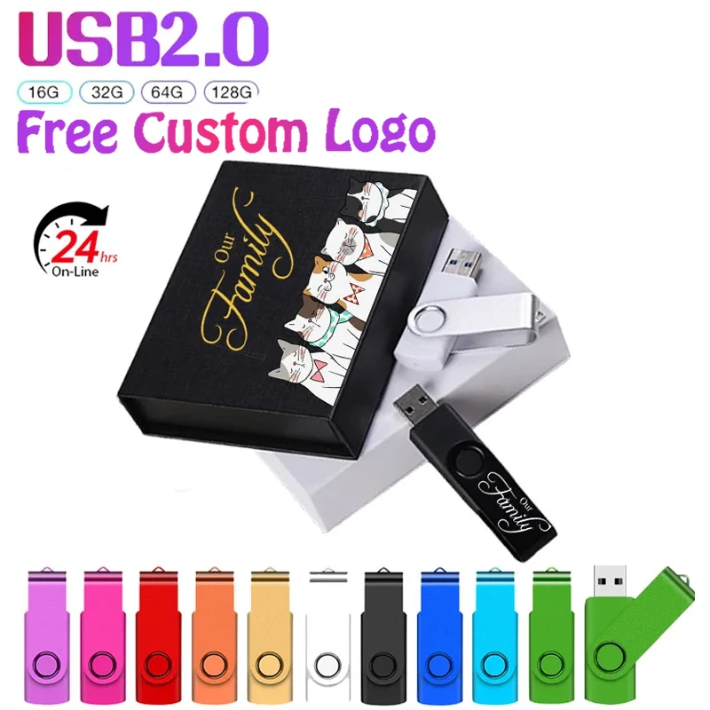 Nueva unidad Flash USB 2,0 de plástico de Color giratorio, caja de regalo de 128GB, logotipo personalizado para Pendrive gratuito, memoria de regalo de negocios de 64GB