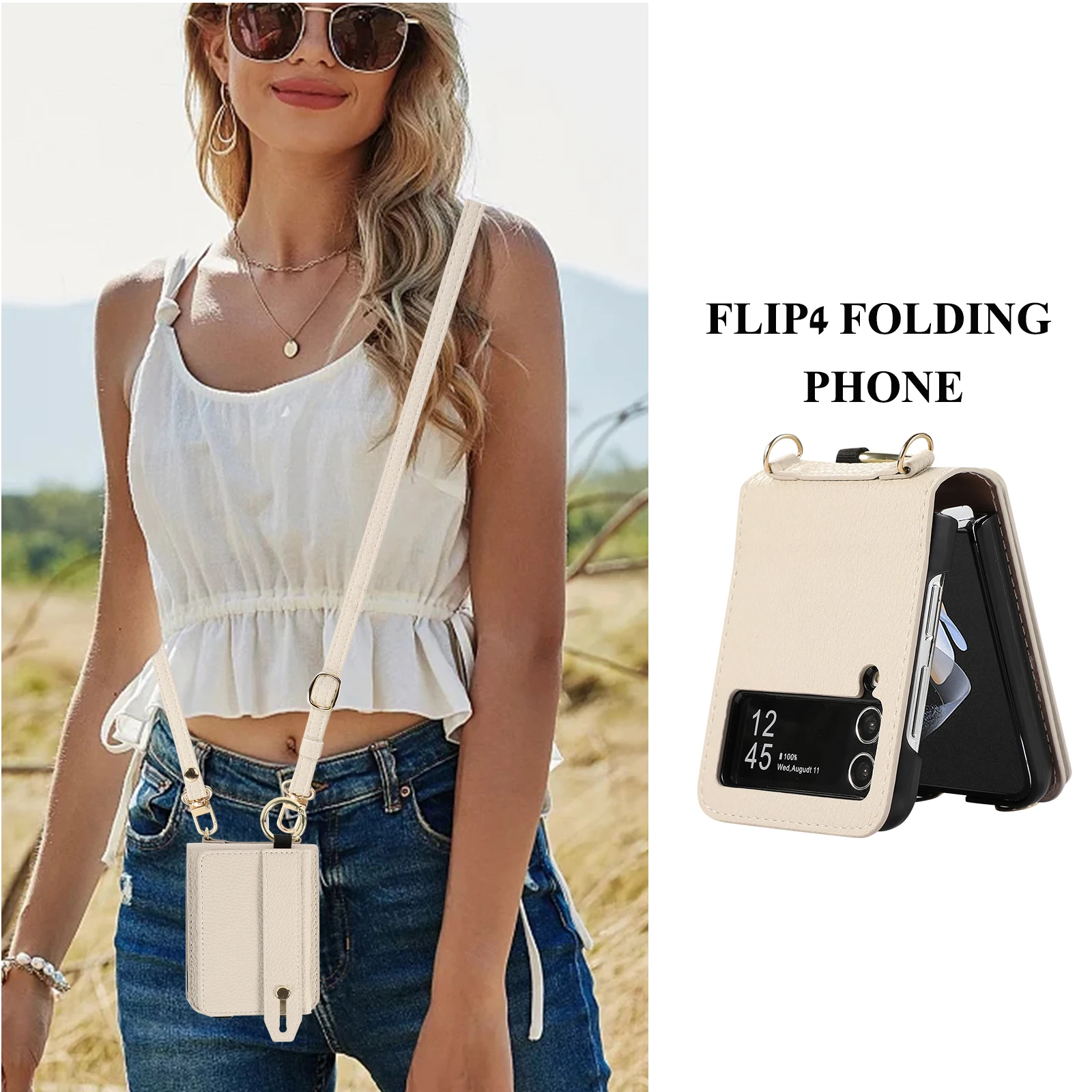 Funda de cuero para Samsung Galaxy Z Flip 5, 4, 3, 5G, bolso largo con cordón, funda con soporte para anillo de bolsillo - imagen 5