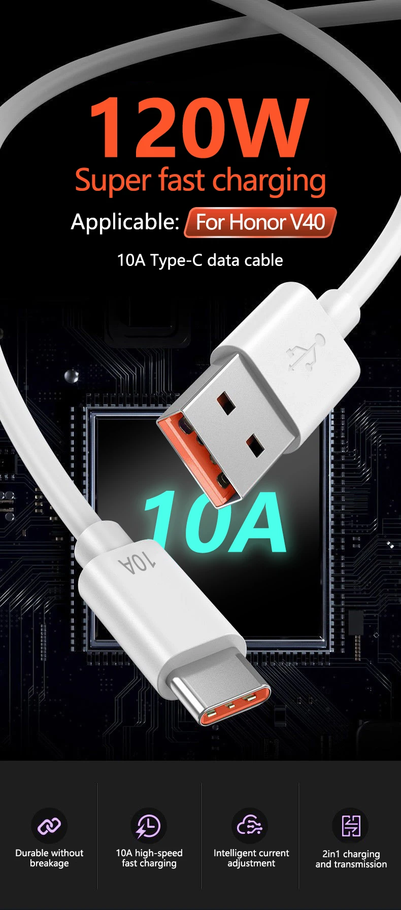 Un cable USB de 12W blanco y naranja de 12W