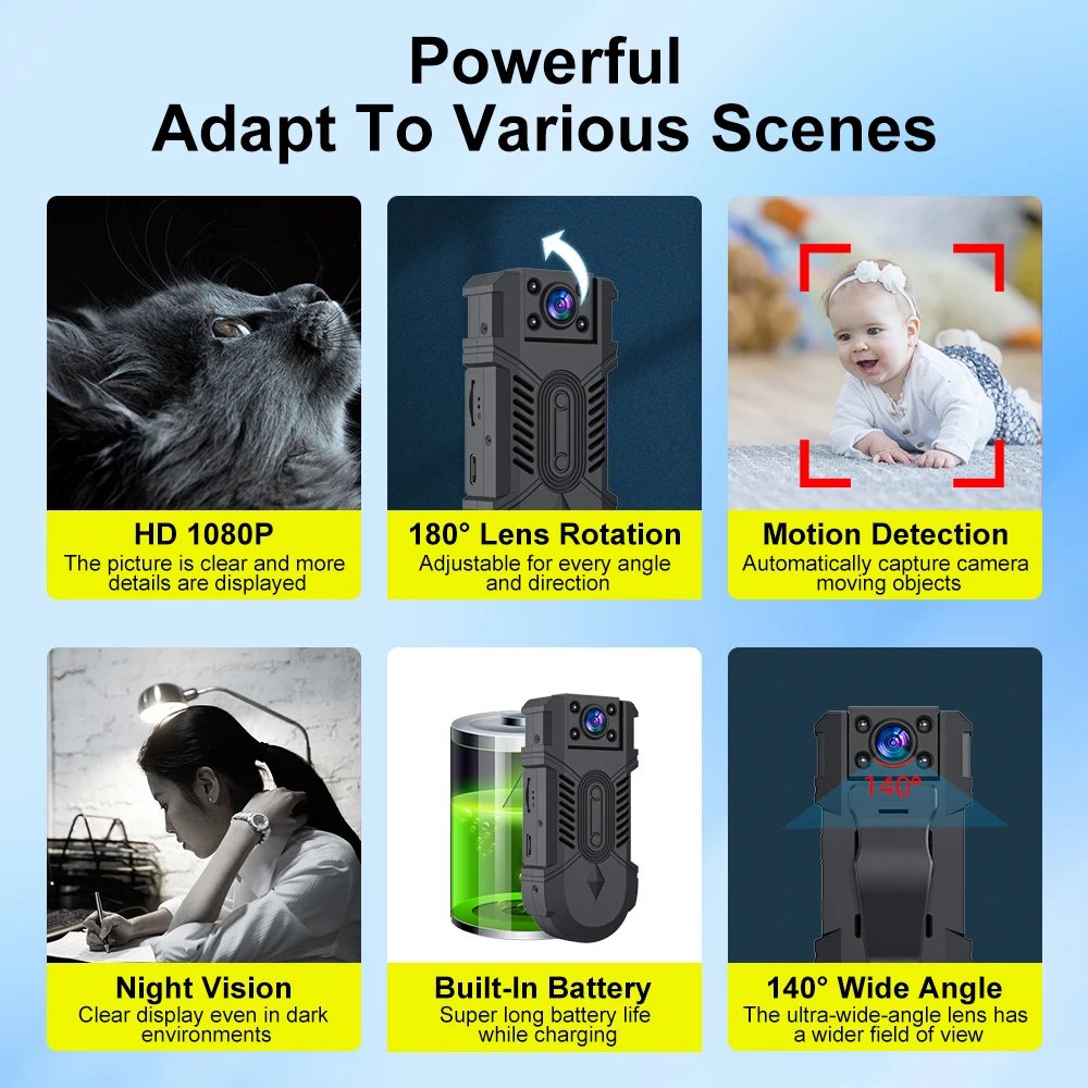 Minicámara HD de 2023 P con visión nocturna infrarroja, videocámara pequeña con detección de movimiento, cámara de policía para bicicleta giratoria de 1080 ° - imagen 4