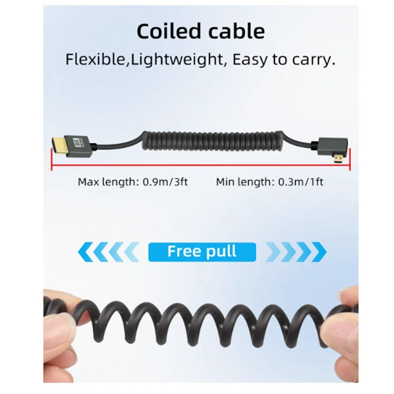 Cable corto HD a Micro HDMI de 90 grados, Cable en espiral HDMI 2,1, 8K @ 60Hz, 48Gbps para cámara/videocámara/HDTV/tableta - imagen 5