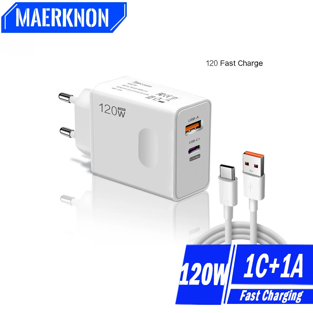 Cargador rápido USB 120W GaN tipo C adaptador de cargador para Huawei Xiaomi Samsung iphone 15 cargador rápido para teléfono móvil 3,0 cargador de teléfono