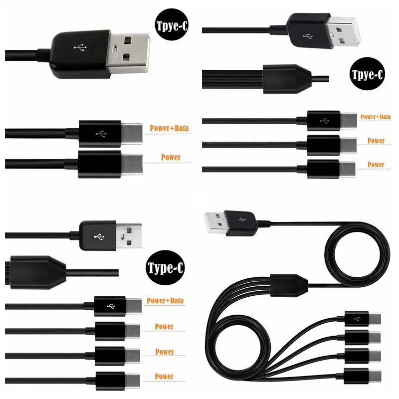 USB2.0 macho a tipo C 1 a 4 puertos tipo C Y divisor Cable de fecha de carga múltiple para teléfono inteligente tableta 30cm 100cm 150cm - imagen 2