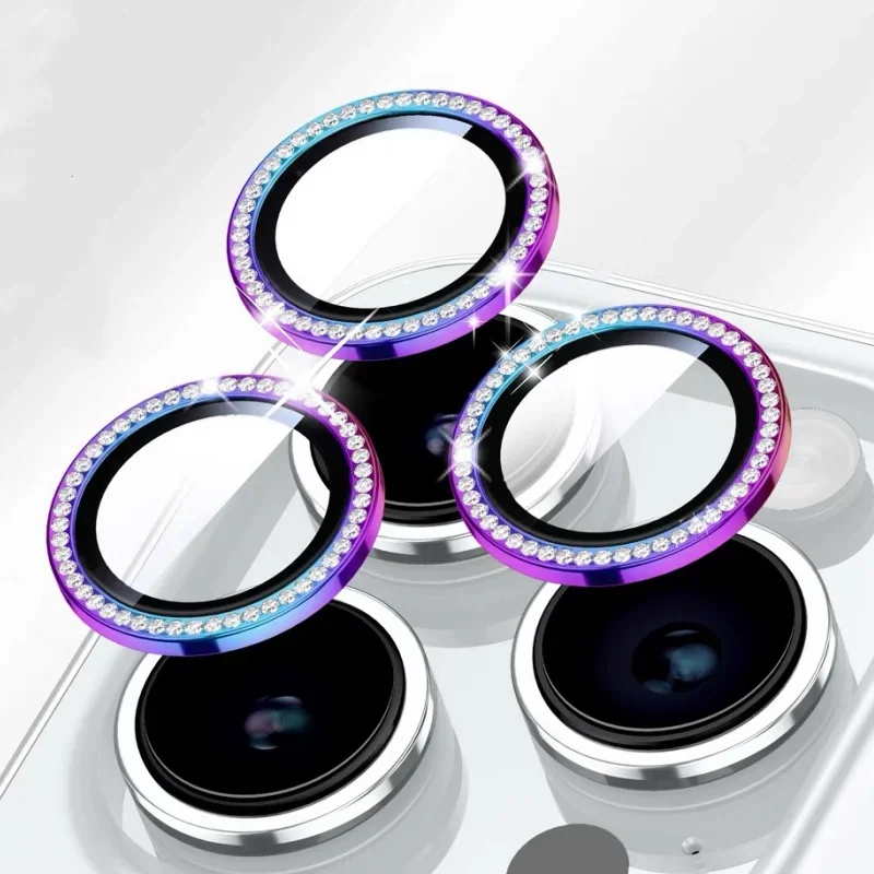 Protector de pantalla de lente de cámara con purpurina de diamante, 2-3 Uds., para IPhone 13, 14, 15, 16, 17 Pro Max, 13 Mini, 15 Plus, cubierta completa de vidrio templado