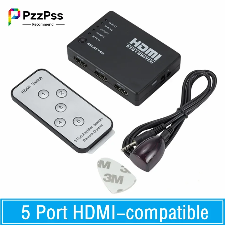 Conmutador compatible con HDMI de 5 puertos, concentrador divisor Selector de 1080p con mando a distancia IR para HDTV DVD BOX, conmutador HDMI 5 en 1 salida