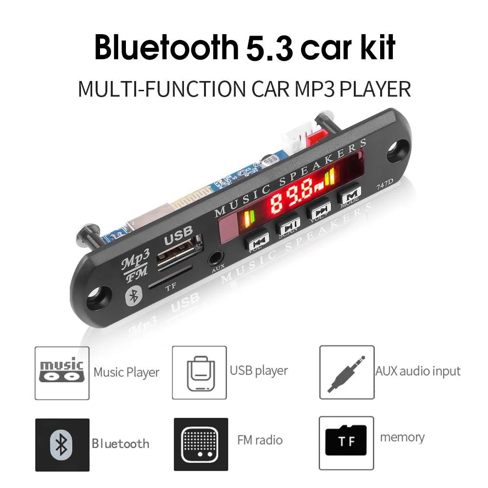 Placa decodificadora de MP3 Bluetooth 5,3, reproductor de MP3 inalámbrico, 9V, 12V, USB, TF, AUX, Radio FM, reproductor de música inalámbrico para coche con micrófono y Control remoto - imagen 2