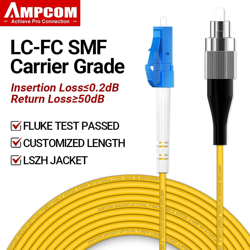 AMPCOM LC a FC UPC Cable de conexión de fibra óptica monomodo Simplex SMF 9/125μm Cable de fibra óptica insensible de 2,0mm de curva monomodo