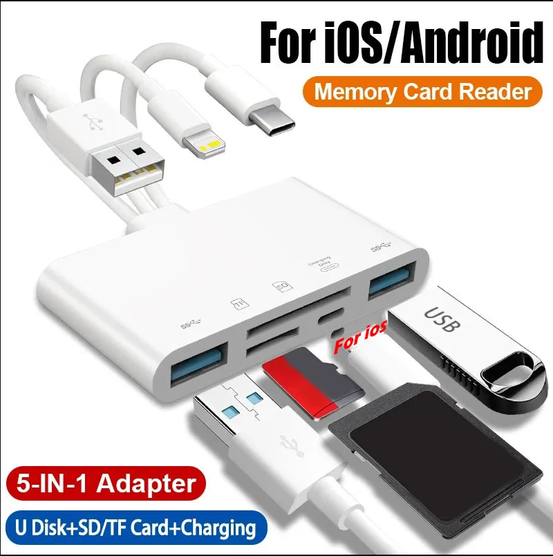 Para lector de tarjetas de memoria iOS a SD TF 5 en 1 adaptador USB OTG con puerto de carga para iPhone iPad Xiaomi Samsung Huawei MacBook - imagen 2