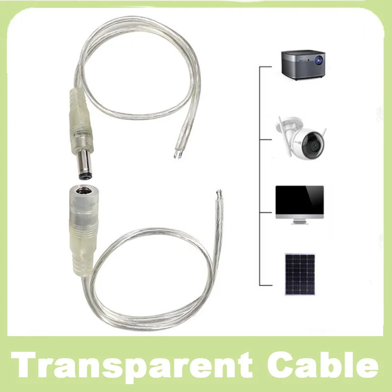 Adaptador de corriente DC para tira de luces LED, Cable Pigtail de 0,2 m, 20AWG, transparente, hembra, macho, 5,5x2,1mm, 12V
