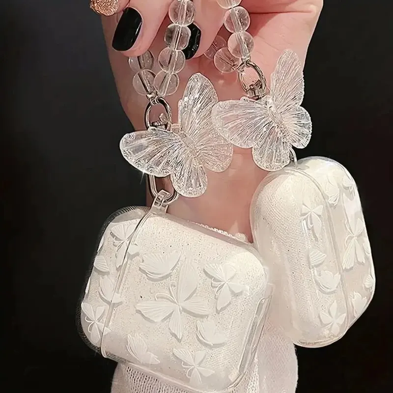Funda para auriculares con pulsera de cuentas y colgante de mariposa de cristal para Apple Airpods 1/2 /3 para Airpods Pro 2. ° funda para auriculares con llavero - imagen 2